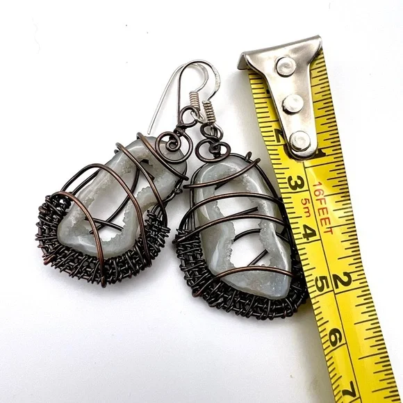 Copper Wire Wrapped Geode Quartz Earrings - Picture 6 of 6